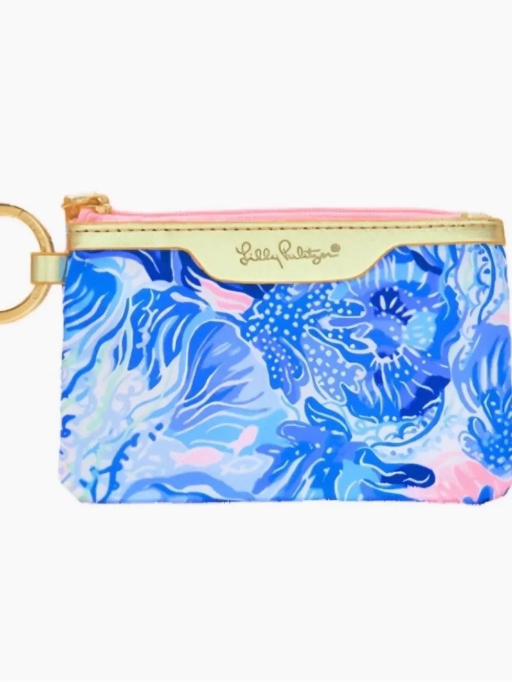 Lilly Pulitzer Blue and Pink Floral ID Case with Gold Trim